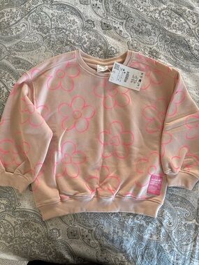Zara Girl’s Pink Floral Crewneck Sweatshirt with Neon Flower Print
